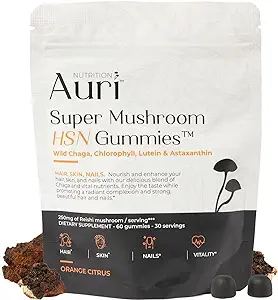 Auri Super Mushroom HSN Gummies - Hair Skin and Nails Gummies Functional Mushrooms Supplement - with Wild Chaga, Chlorophyll, Lutein and Astaxanthin - 60 Orange Citrus Gummies