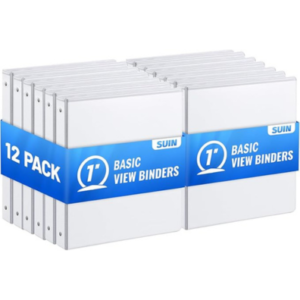 SUIN 1'' 3 Ring Binder -1 inch View Binders with Round Ring Binders, Large 200 Sheet Capacity, Fit 8.5" x 11" US Letter Size Paper, 12 Pack White (1-inch)